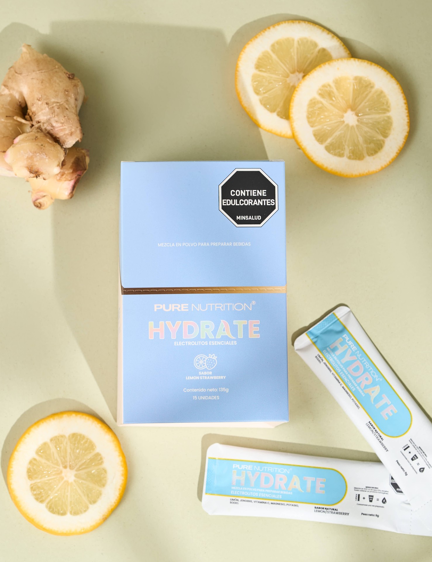HYDRATE flat lay con limones